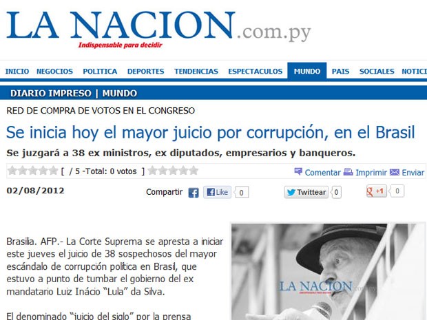 O jornal ‘La Nación’ do Paraguay apresenta uma foto de Lula na reportagem e destaca que entre os réus estão ex-ministros, ex-deputados, empresários e banqueiros (Foto: Reprodução)
