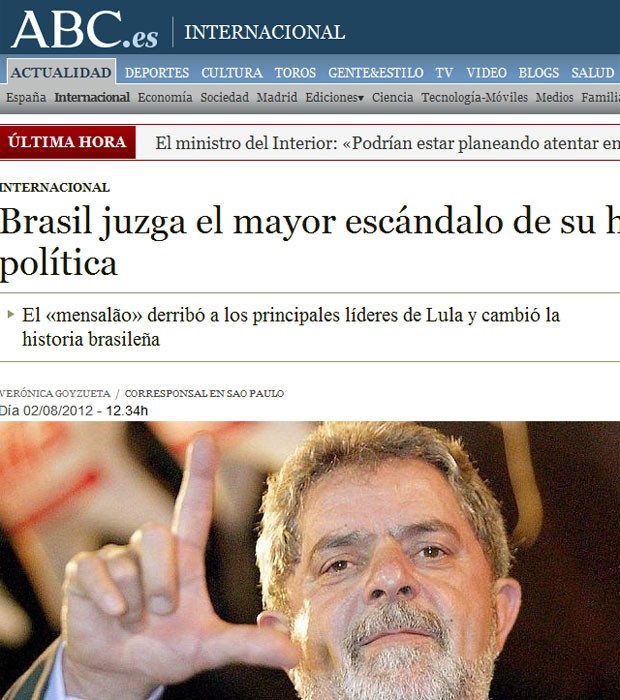 O espanhol ‘ABC’ deu destaque para uma foto de Lula e diz que o mensalão é o maior escândalo da história brasileira (Foto: Reprodução)
