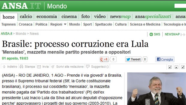 A agência italiana ‘Ansa’ destaca que o mensalão ocorreu na era Lula (Foto: Reprodução)